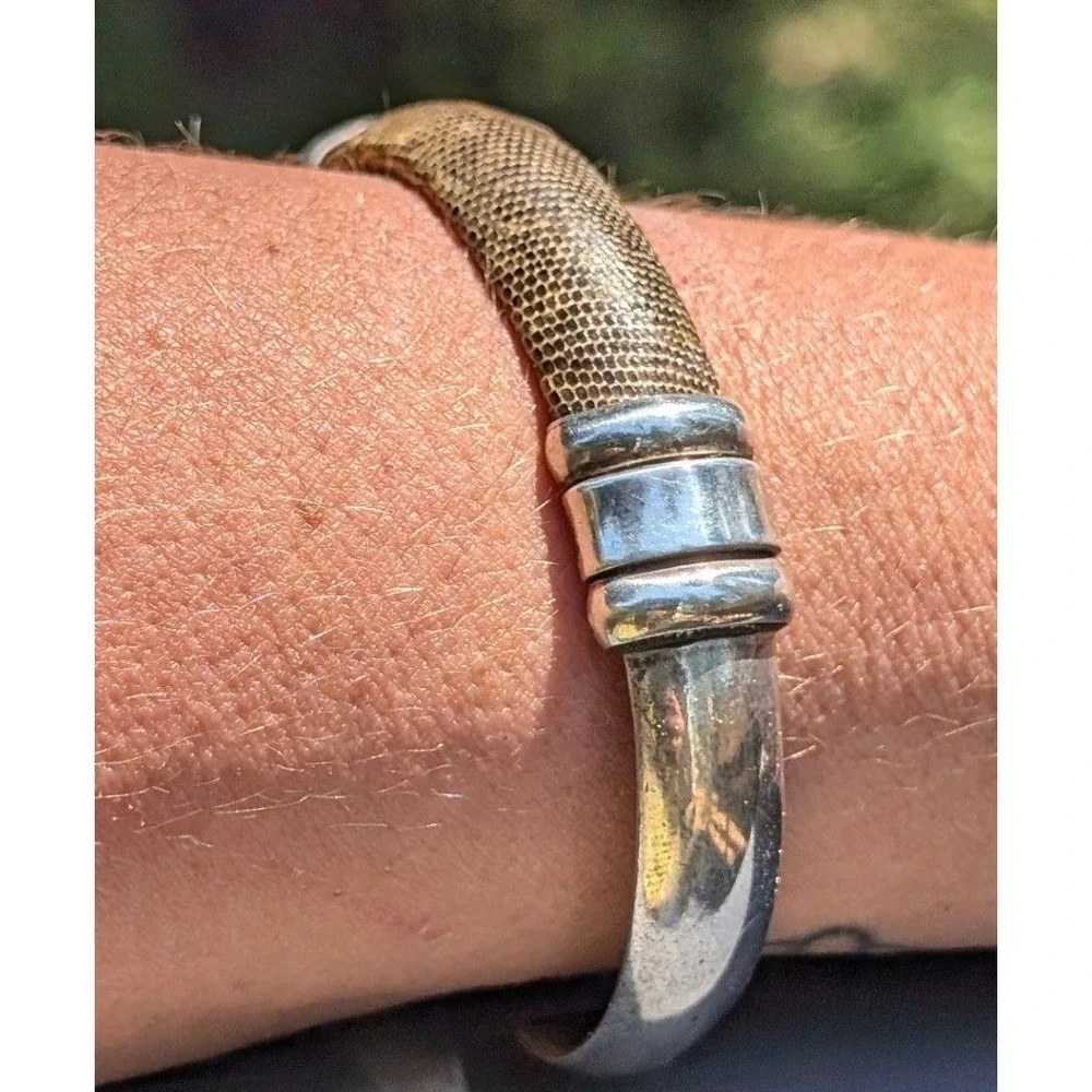 Vintage Taxco Mexico 925 Sterling Silver Snakeskin Inlay Cuff Bracelet TV-153